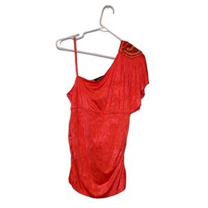 A.Byer Womens One shoulder top Sz Large Beaded‎ Shoulder Burnt Orange Ruched